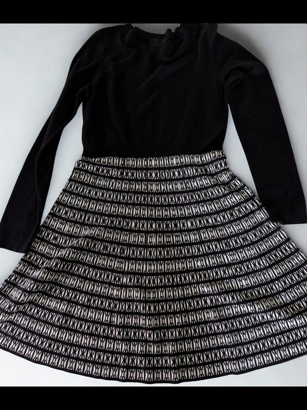 Cynthia Rowley Black Long Sleeve Dress with Black and White Patterned Skirt